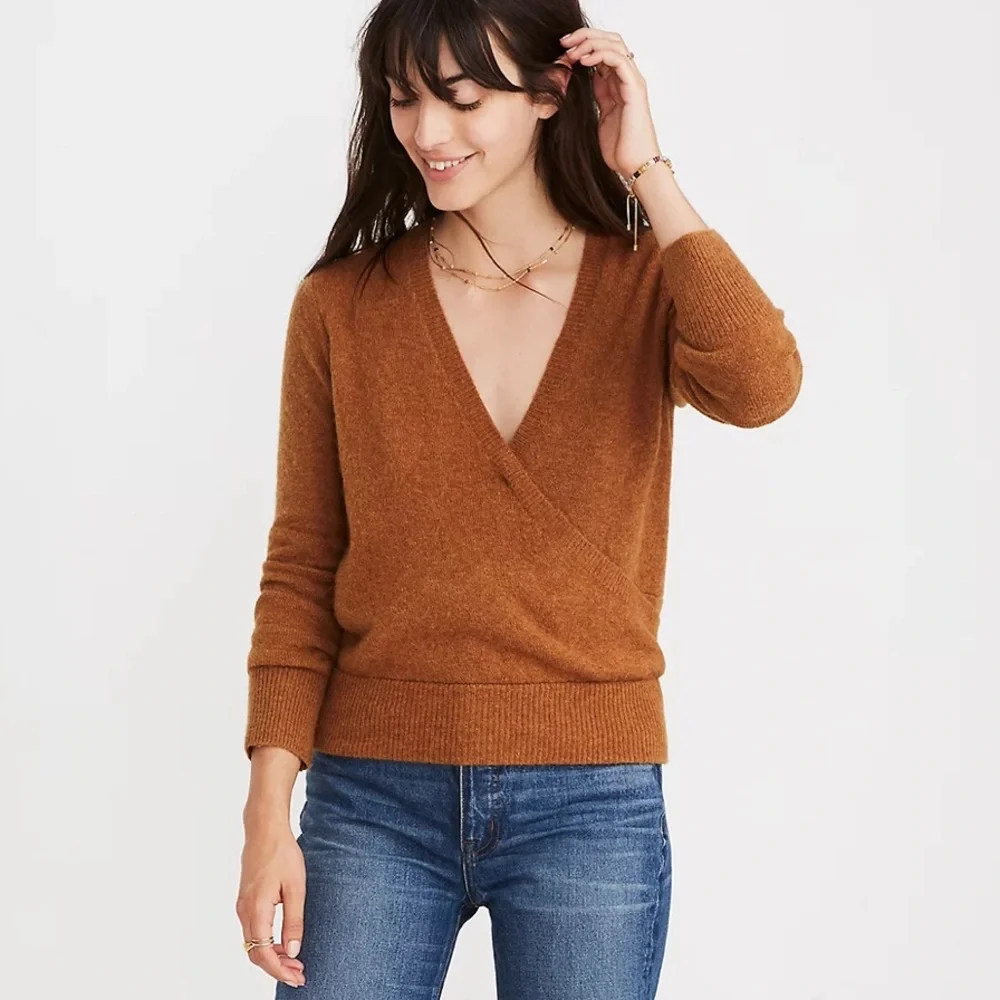 Madewell Wrap Front Pullover Sweater Brown Small Alpaca Wool Blends Cozy Cabin